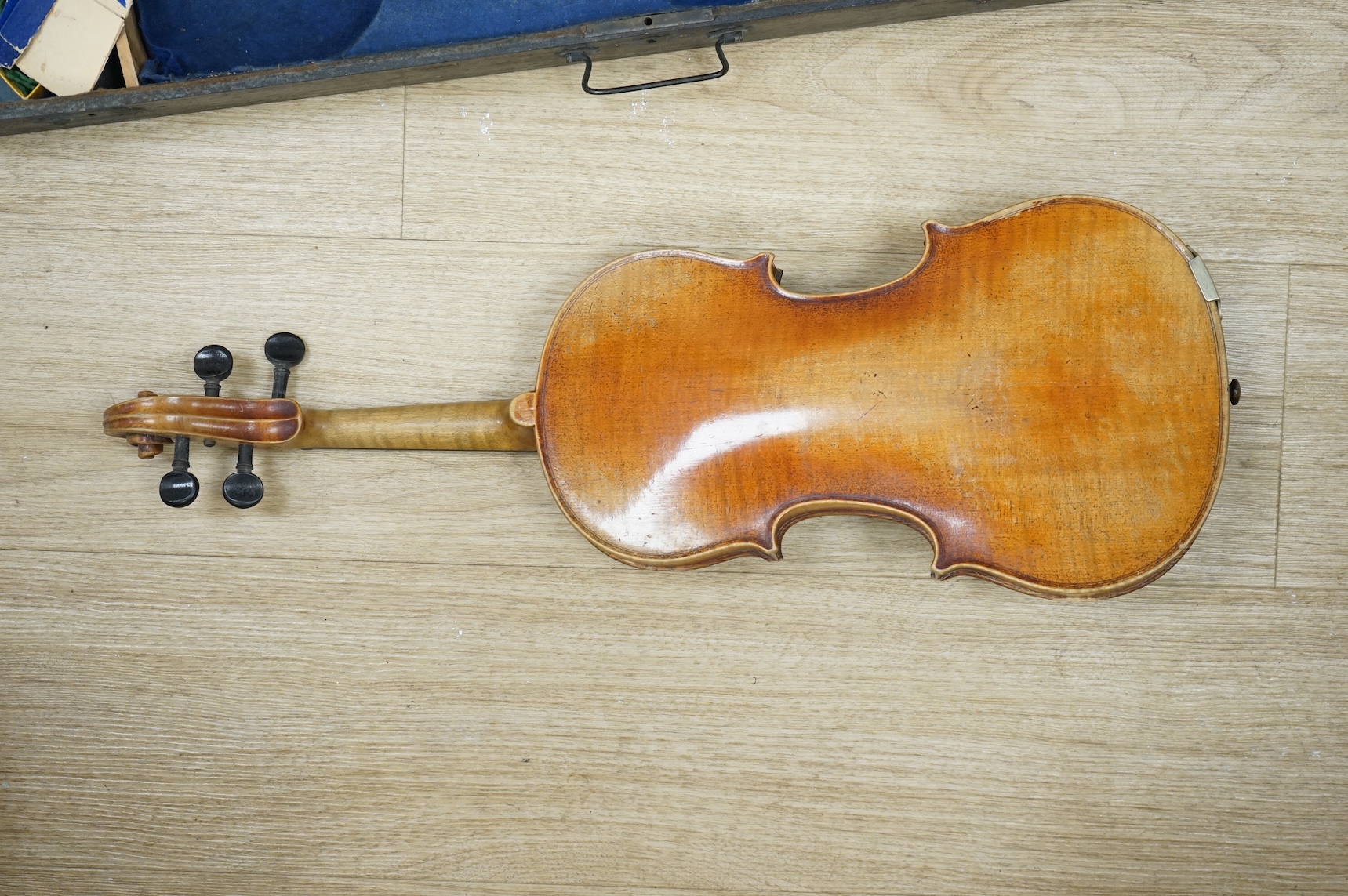 A late 19th century German violin (c.1880), with label reading ‘Georg Krywalski 1917’, in wood case.